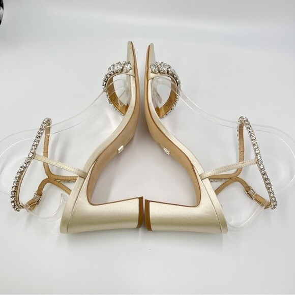 Badgley Mischka Size 8.5 Ivory Satin Jeweled‎ Open Toe Dress Sandals Heels Shoes - Picture 8 of 15